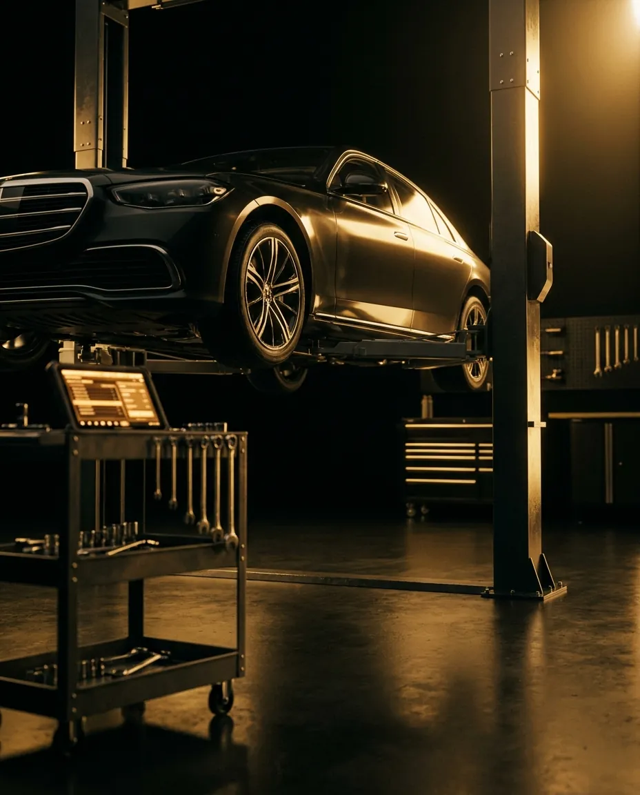 Premium saloon raised on a hydraulic lift in a dark workshop, warm gold work-light